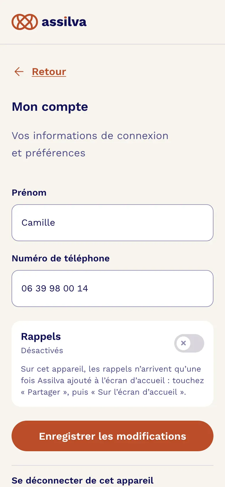 La page « Mon compte » sur iPhone : sous « Rappels », la mention « Désactivés » et le message qui demande d’ajouter Assilva à l’écran d’accueil.