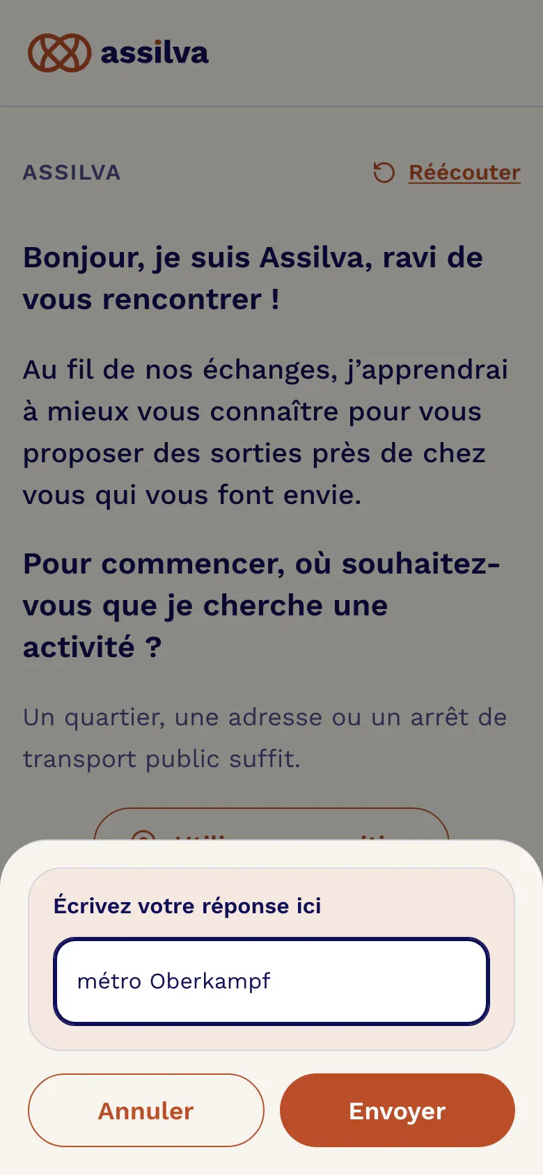 Le panneau d’écriture ouvert au-dessus de la question : le champ contient « métro Oberkampf » ; dessous, les boutons « Annuler » et « Envoyer ».